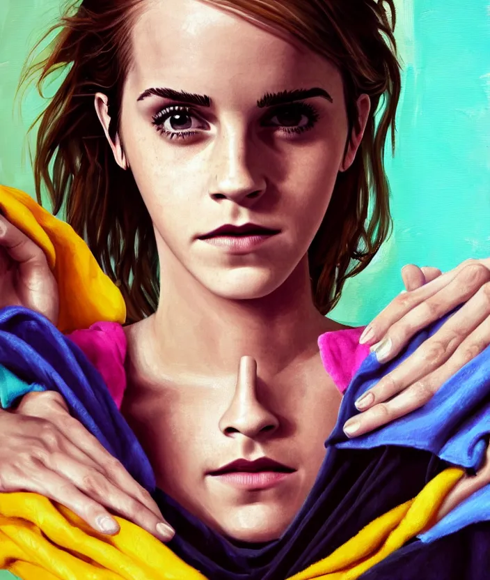 Prompt: step - sis emma watson gets stuck doing the laundry, oil painting, aesthetic face, symmetrical face, female anatomy, female, bright, colorful, portrait, character portrait, concept art, symmetrical, 4 k, macro detail, realistic shadows, bloom, cosplay, deviant art