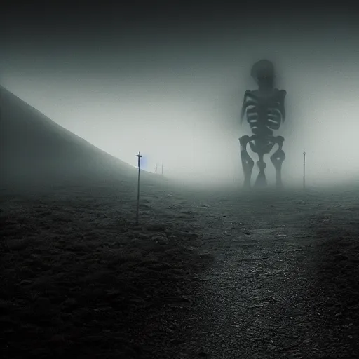 Image similar to a giant skeleton walks the earth, dark landscape, fog, matte painting
