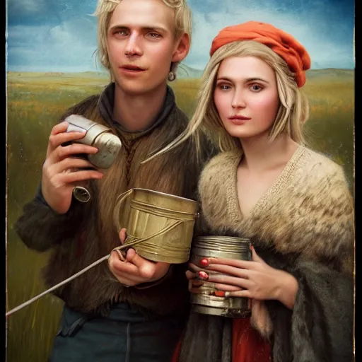 Prompt: a highly detailed portrait of a young couple from the side, holding a tin can, renote icelandic village, summer, blonde hair, muted colors, joy, by tom bagshaw, trending on artstation,