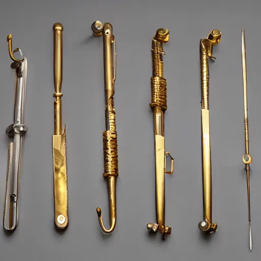 Image similar to polished gold surgical instruments designed in the style of body horror