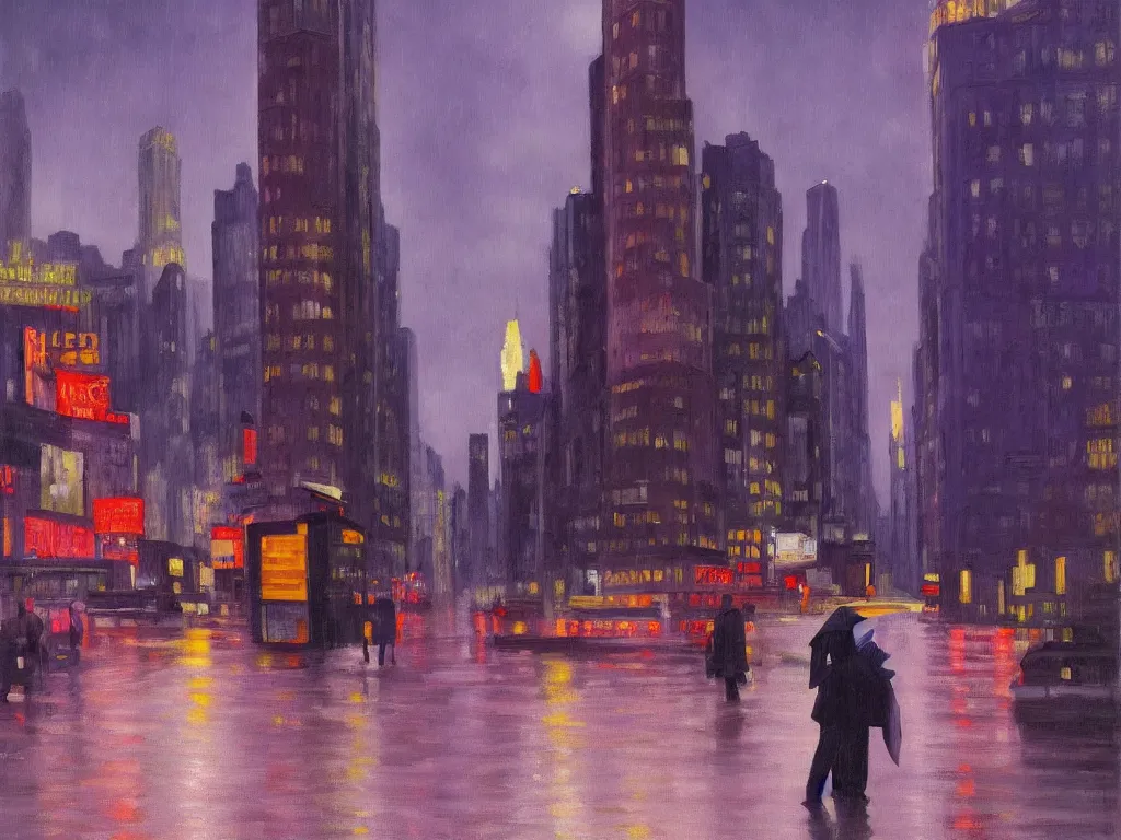 Image similar to cityscape view of new york city night, raining, purple storm skies, man with umbrella, ultra view angle view, realistic detailed painting by edward hopper