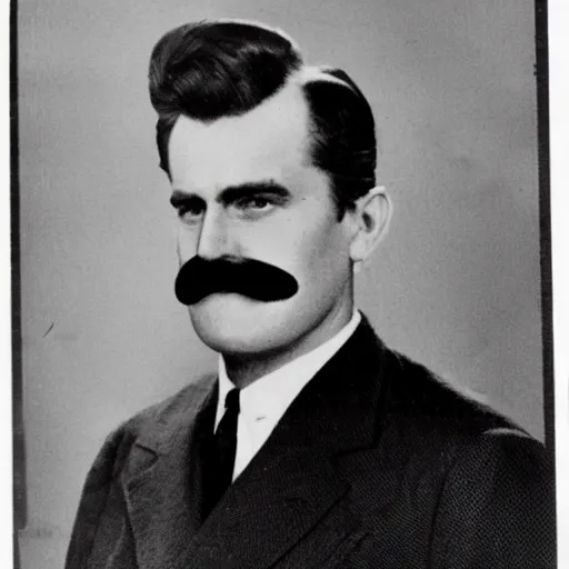 Prompt: newspaper photo from 40s of a sidecut hair toupet mature stern looking slim medical doctor with a simple mustache