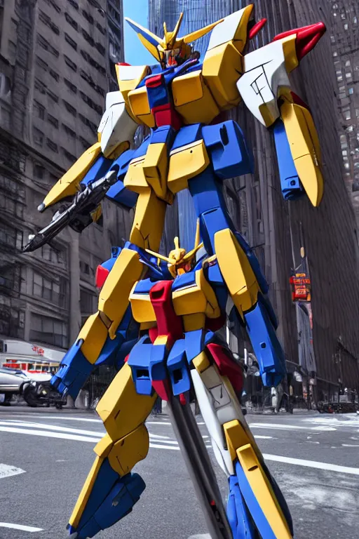 Prompt: realistic action photo of a Gundam in the middle of the New York streets