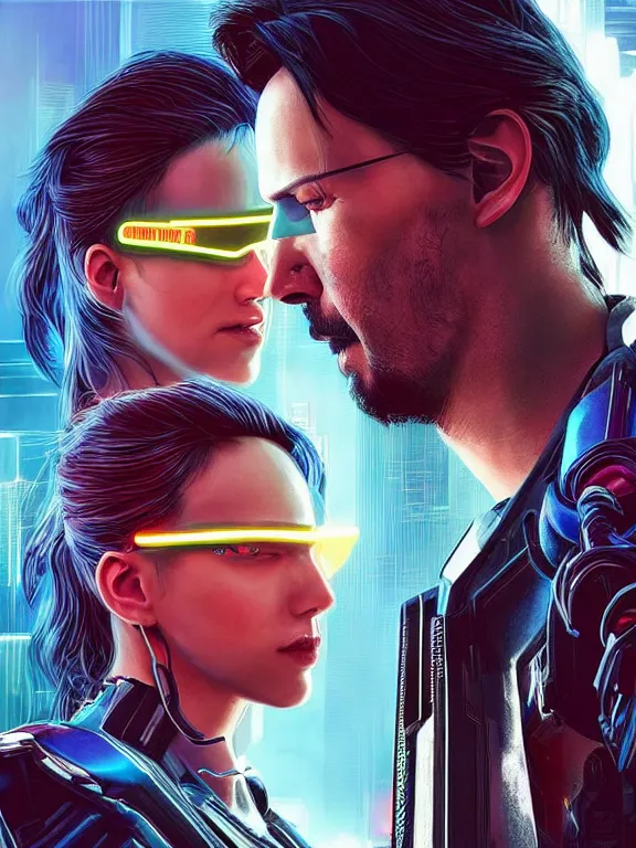 Prompt: a cyberpunk 2077 couple portrait of Keanu Reeves and A female android with VR glasses,complex mess of cables and wires behind them connected to giant computer,love story,film lighting,by laurie greasley,Greg Hildebrandt,Donato Giancola,William Morris,Dan Mumford,trending on atrstation,FAN ART,full of color,face enhance,highly detailed,8K, octane,golden ratio,cinematic lighting