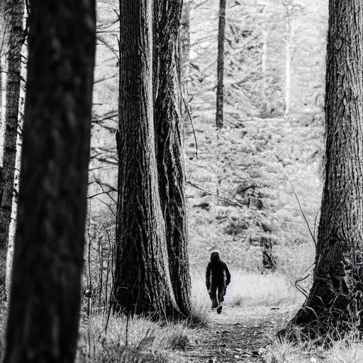 Prompt: grainy black and white footage, wide shot of bigfoot walking in the forest from a distance,