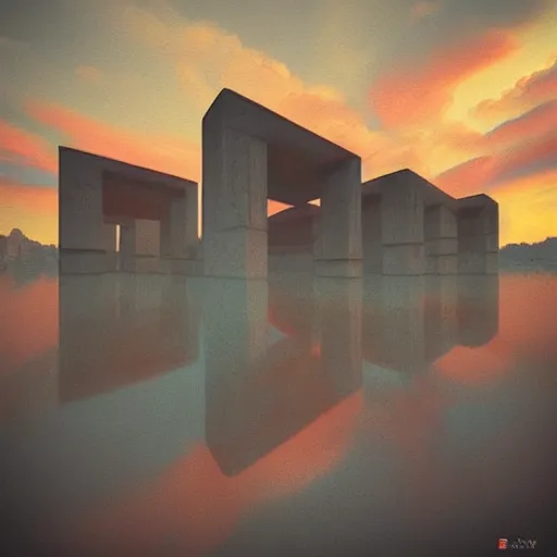 Image similar to surreal brutalism, artstation, low sunset, colorful, great composition,