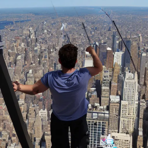 Image similar to marvel spider - from back hands on waist standing on top of the empire state building