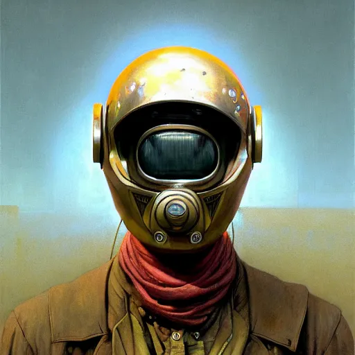 Image similar to a expressive portrait of masked diesel punk helmet on the art deco streets of the big city, artstation, award - winning realistic sci - fi concept art by jim burns and greg rutkowski, beksinski, a realism masterpiece, expressive color palette, james gilleard, bruegel, alphonse mucha, and yoshitaka amano