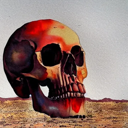 Prompt: giant skull made of red glass in a desert surreal masterpiece watercolor