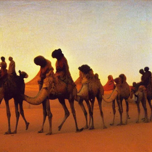 Prompt: camel caravan, timbuktu, by henry ossawa tanner, at sunrise