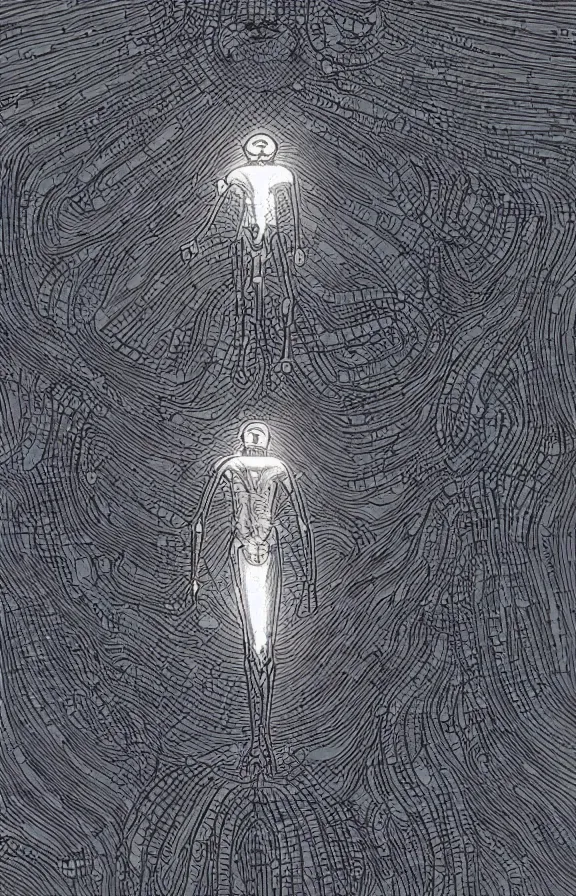 Image similar to Iridescent humanoid alien seen through a microscope, vintage sci-fi soft grainy in the style of moebius