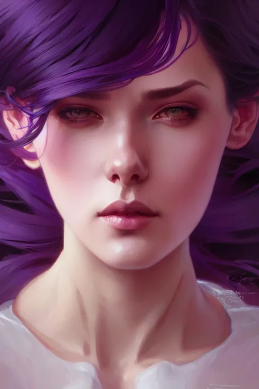 Image similar to Background Purple hair, intricate, elegant, highly detailed, digital painting, artstation, concept art, smooth, sharp focus, illustration, art by artgerm and greg rutkowski and alphonse mucha