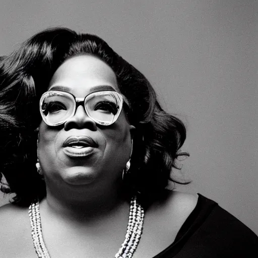 Prompt: a candid portrait photograph of Oprah Winfrey dressed as The Notorious B.I.G, in the style of Chi Mondu, shallow depth of field, 40mm lens