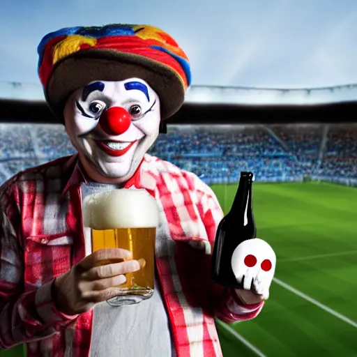 Image similar to silly little grumpy man clown with a beer in front of a soccer match, kodak photo