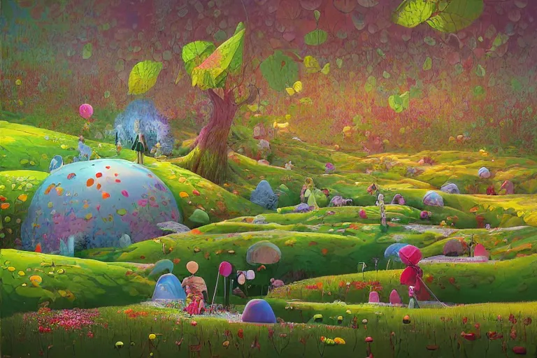 Prompt: surreal glimpse into other universe, inside a marshmallow forest in an ice cream valley, summer morning, very coherent and colorful high contrast, art by!!!! gediminas pranckevicius!!!!, geof darrow, dark shadows, hard lighting