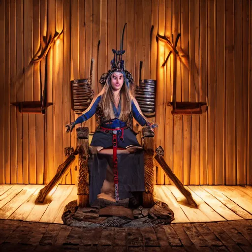 Image similar to photo shoot pose photo of the viking female warrior on the viking wooden throne in the dark wooden viking palace lobby, femine attractive symmetrical face, big eyes and lips, beautiful clean face and body skin, brutal joyful face expression, wears ornamental jewelry and bikini, torches alit in the background, depth of field, lens flare, moody lighting, moody photography, old photo, black and white, sepia, cinematic lighting, cinematic angle, editorial photography,award-winning