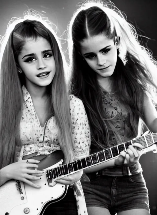 Image similar to beautiful, award winning photo of ariana grande and emma watson as a 1 9 7 0 s rock and roll guitarists. live at woodstock, symmetrical eyes, 8 k, studio lighting t