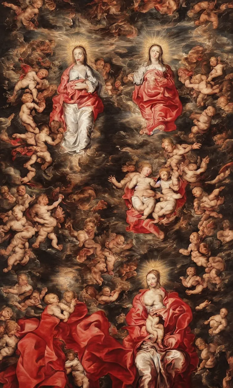 Prompt: a highly detailed oil painting of the Immaculate Conception surrounded by cherubins, wearing red robes, highly detailed face, full length, by Rubens