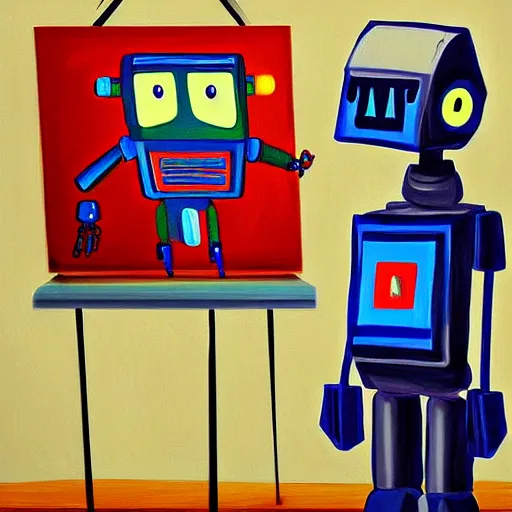 Image similar to robot stealing canvas from a human, digital painting