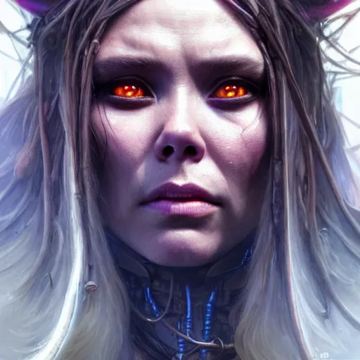 Image similar to portrait painting of a cyberpunk orc shaman extremely muscular ugly elizabeth olsen, ultra realistic, concept art, intricate details, eerie, highly detailed, photorealistic, octane render, 8 k, unreal engine. art by artgerm and greg rutkowski and charlie bowater and magali villeneuve and alphonse mucha