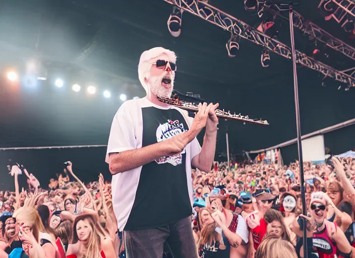 Image similar to photo still of michael mcdonald on stage at vans warped tour!!!!!!!! at age 3 8 years old 3 8 years of age!!!!!!! throwing a keytar into the crowd, 8 k, 8 5 mm f 1. 8, studio lighting, rim light, right side key light