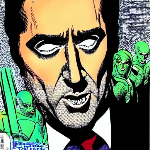 Image similar to dynamic macro head portrait of beautifu l nicholas cage super hero in white sequined jacket by john romita sr and cory walker and ryan ottley and jack kirby and barry windsor - smith, comic, illustration, photo real