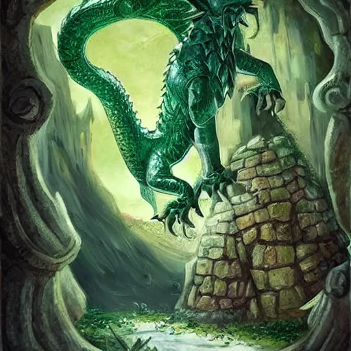 Image similar to fairy tale, painting, large green dragon, dnd, inside a castle, realistic, dungeons and dragons