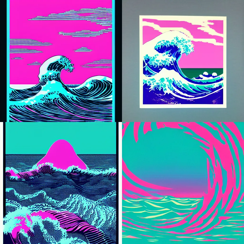 Prompt: vaporwave ocean screenprint
