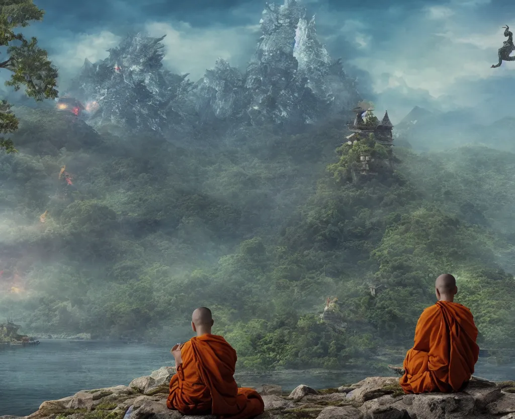 Image similar to a monk is meditating calmly on a beautiful mountain, in the foreground there is godzilla attacking a small village