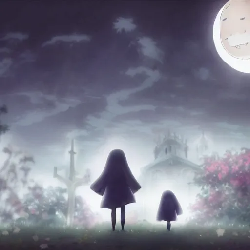Prompt: anime hd, anime, 2 0 1 9 anime, ghost children, children born as ghosts, dancing ghosts, london cemetery, albion, london architecture, buildings, gloomy lighting, moon in the sky, gravestones, creepy smiles