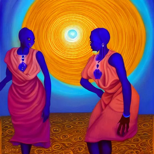 Image similar to african women dancing around a blue glowing portal to another dimension by amanda sage, oil on canvas, trending on artstation