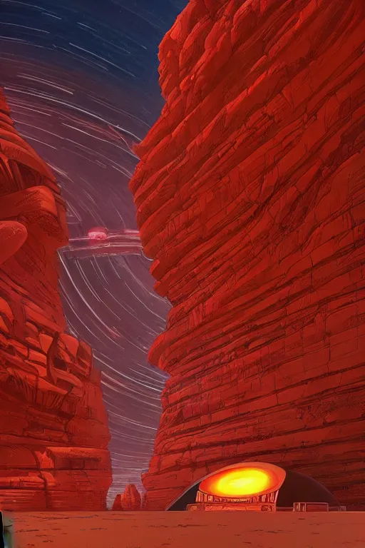 Image similar to futuristic temple in red canyon, star trails above, dramatic lighting, artstation, matte painting, ralph mcquarrie, simon stalenhag, zaha hadid