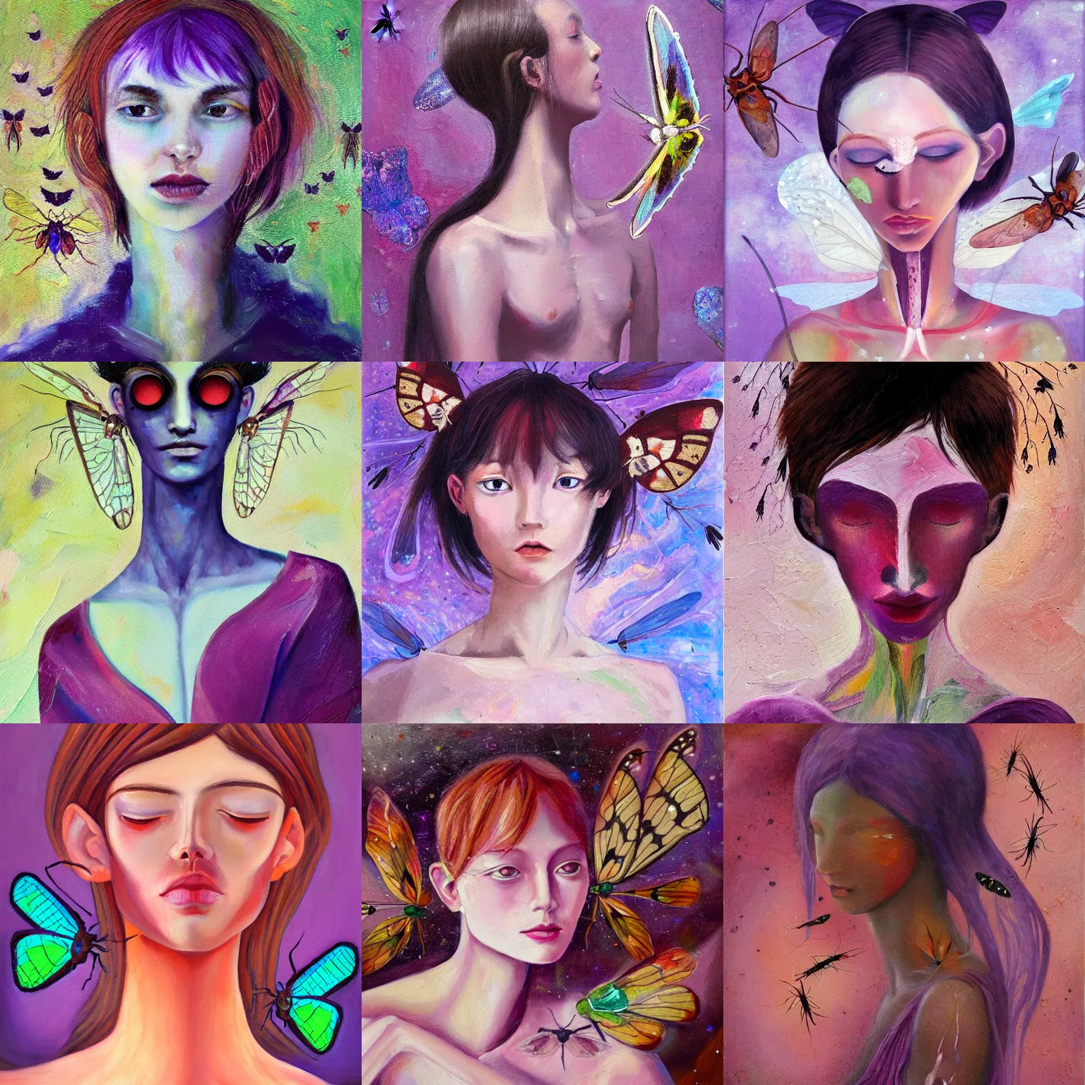 Prompt: an oil painting of androgynous human with moth antennae and bug moth wings by Aya Takano, superflat art, very ethereal, joy, painterly, heavy impasto, purple and scarlet colours