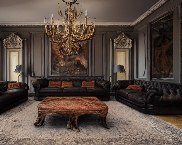 Image similar to ultra wide - angle photography of rich man's house, leather sofa, antler chandelir, hunting trophies, unreal engine, darkslategray wall, ultra details, luxury, interior design, 8 k