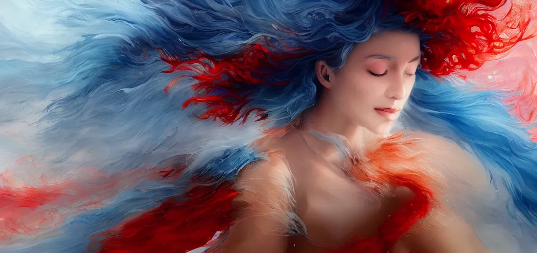 Image similar to a painting of a woman who made of curly and transparent feathers and cloud with red edges is holding a sword, a digital painting by charlie bowater, made of many translucent layers of blue feathers and cloud, metaphysical painting, speedpainting, digital painting, holographic undertones, highly saturated colors, 4 k, glossy eyes, concept art, trending on artstation