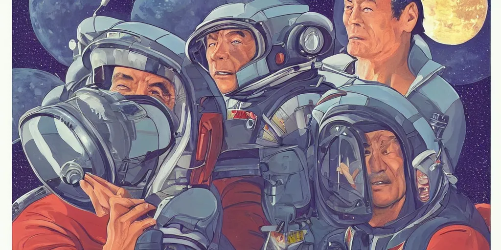 Prompt: a portrait of stallone and van damm and takeshi kitano pilots in spacesuit on field forrest spaceship station landing laying lake artillery outer worlds in FANTASTIC PLANET La planète sauvage animation by René Laloux