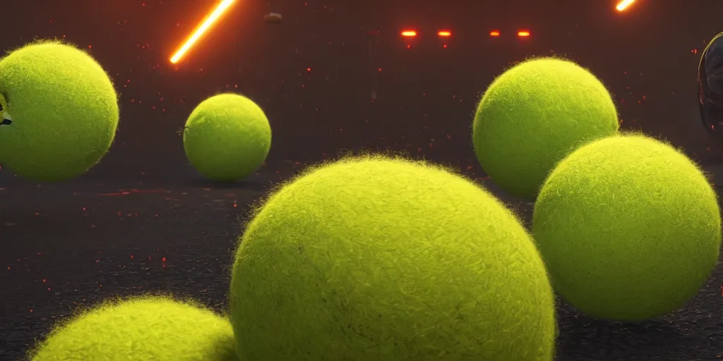 Image similar to a cinematic poster photo of 8 k ultra realistic tennis ball monsters, exotic, cinematic lighting, trending on artstation, 4 k, hyperrealistic, focused, high details, unreal engine 5, cinematic, alien planet atmosphere in background, 3 d render