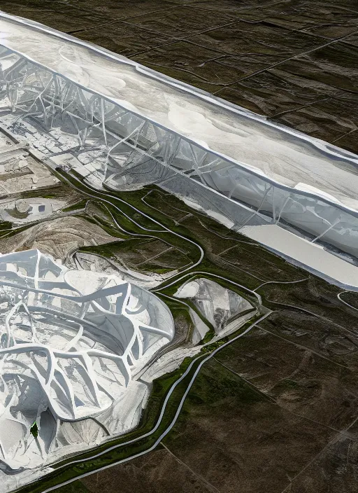 Prompt: bioremediation transparent white architecture, in the mining tailings of chuquicamata, epic, cinematic, hyperealistic, high detailed, corona render, hdr, ray tracing