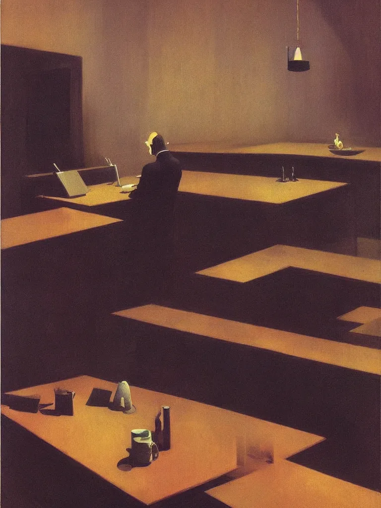 Prompt: the devil eating computer in the table edward hopper and james gilleard, zdzislaw beksinski highly detailed