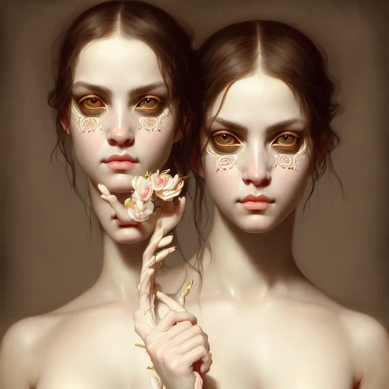 Image similar to epic professional symmetrical digital art of sweet eyes, clear skin, accent lighting, painted, intricate, detailed, cheery, fun, effervescent, by roberto ferri, epic, stunning, gorgeous, much wow, much detail, cinematic, masterpiece, unreal engine render