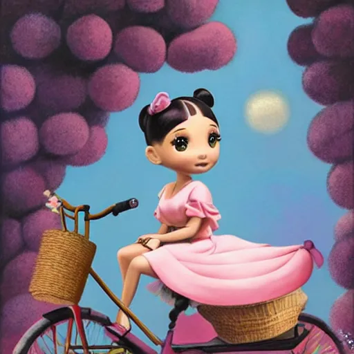 Prompt: ariana grande on a tricycle, lowbrow painting by mark ryden and pixar and hayao miyazaki