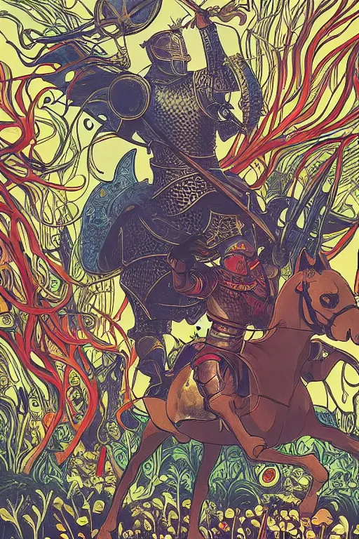 Prompt: medieval knight riding a horse in a magic kingdom pointing into the sky, shiny armor, colorful forest with flying faires, wizards and magic mushrooms in the background, illustrated by james jean, very detailed, comicbook cover