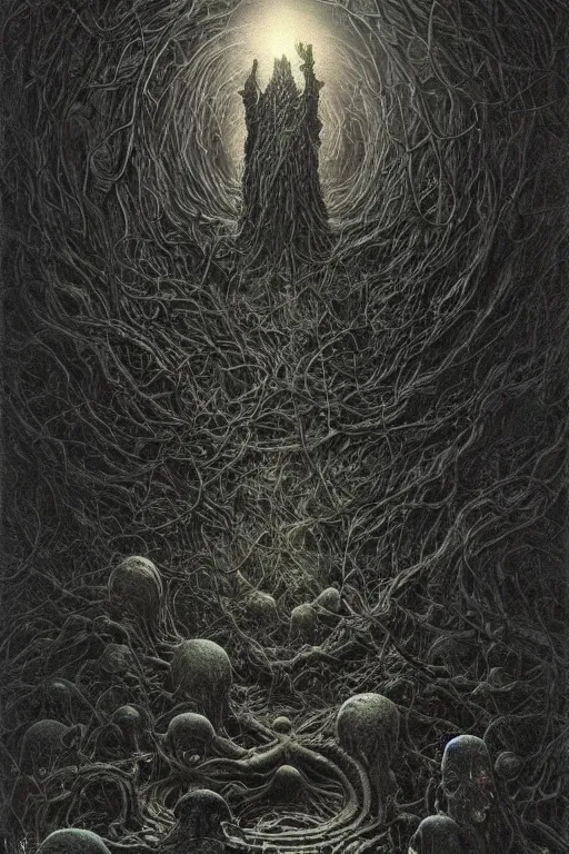 Image similar to the unnameable in lovecraft's dreamlands with the watchers out of time. dark surrealism by michael whelan, dariusz zawadzki, beksinski and chris mars