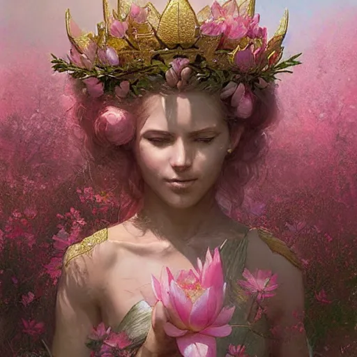 Image similar to Lotus floral crown girl, pink Lotus queen, epic fantasy style art by Craig Mullins, fantasy epic digital art, epic fantasy art by Greg Rutkowski