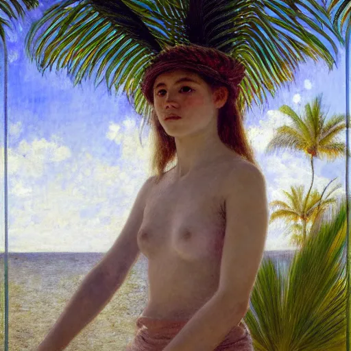 Image similar to a ultradetailed beautiful painting of a girl in the amazonas palace designed by jules bastien - lepage, hans belmer, frank weston and gustave baumann, beach, trending on artstation, mediterranean, palm trees, refracted color sparkles, sharp focus, soft light, 8 k 4 k