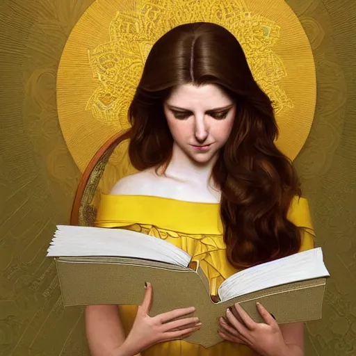 Image similar to a smiling anna kendrick wearing a yellow dress and reading a book, masterpiece, intricate, elegant, highly detailed, digital painting, artstation, concept art, smooth, sharp focus, illustration, art by artgerm and greg rutkowski and alphonse mucha and uang guangjian and gil elvgren and sachin teng, symmetry!!