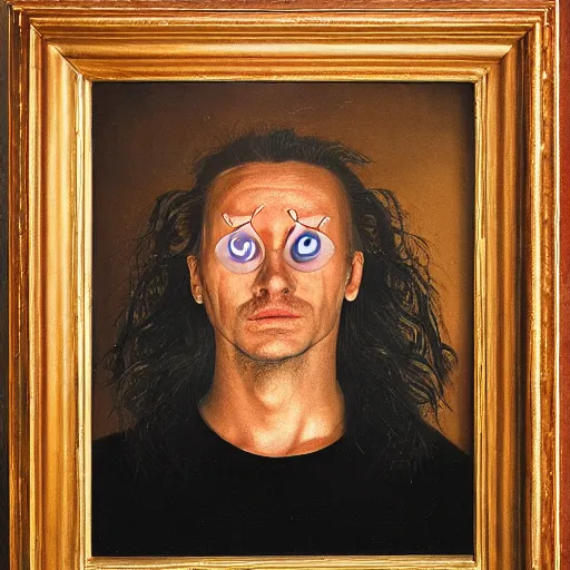 Prompt: a portrait of a strange man with strange mirror eyes. hyperrealistic