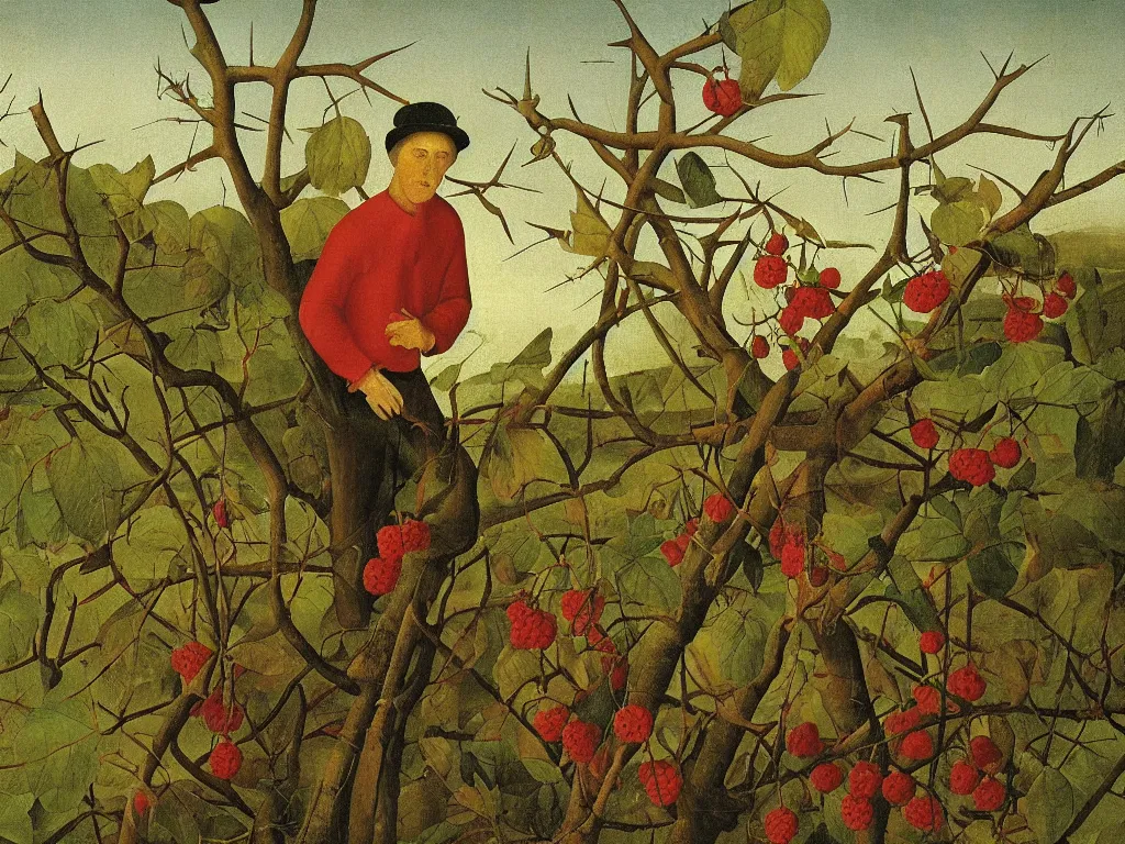 Image similar to perfect young man hiding between wild thorns and raspberries. Shadows loom over the land. Painting by Bosch, Bekinski.