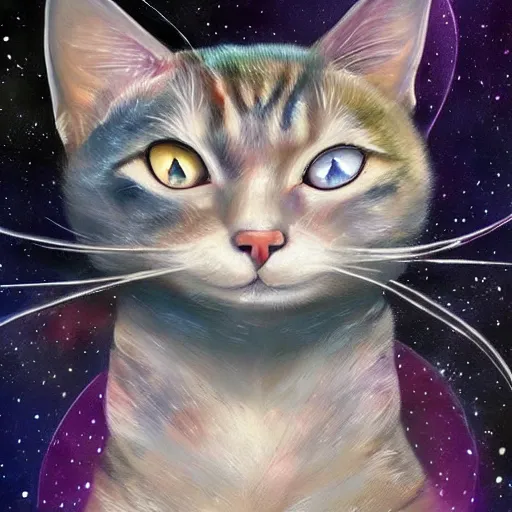 Prompt: a beautiful painting of galaxy shaped like cats,artstation,very detailed