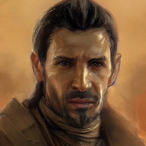 Image similar to portrait of a man by greg rutkowski, a jedi commander, arabian features and olive skin, long black hair, wise appearance, wearing the tactical gear of the galactic alliance, star wars expanded universe, he is about 4 0 years old, highly detailed portrait, digital painting, artstation, concept art, smooth, sharp foccus ilustration, artstation hq